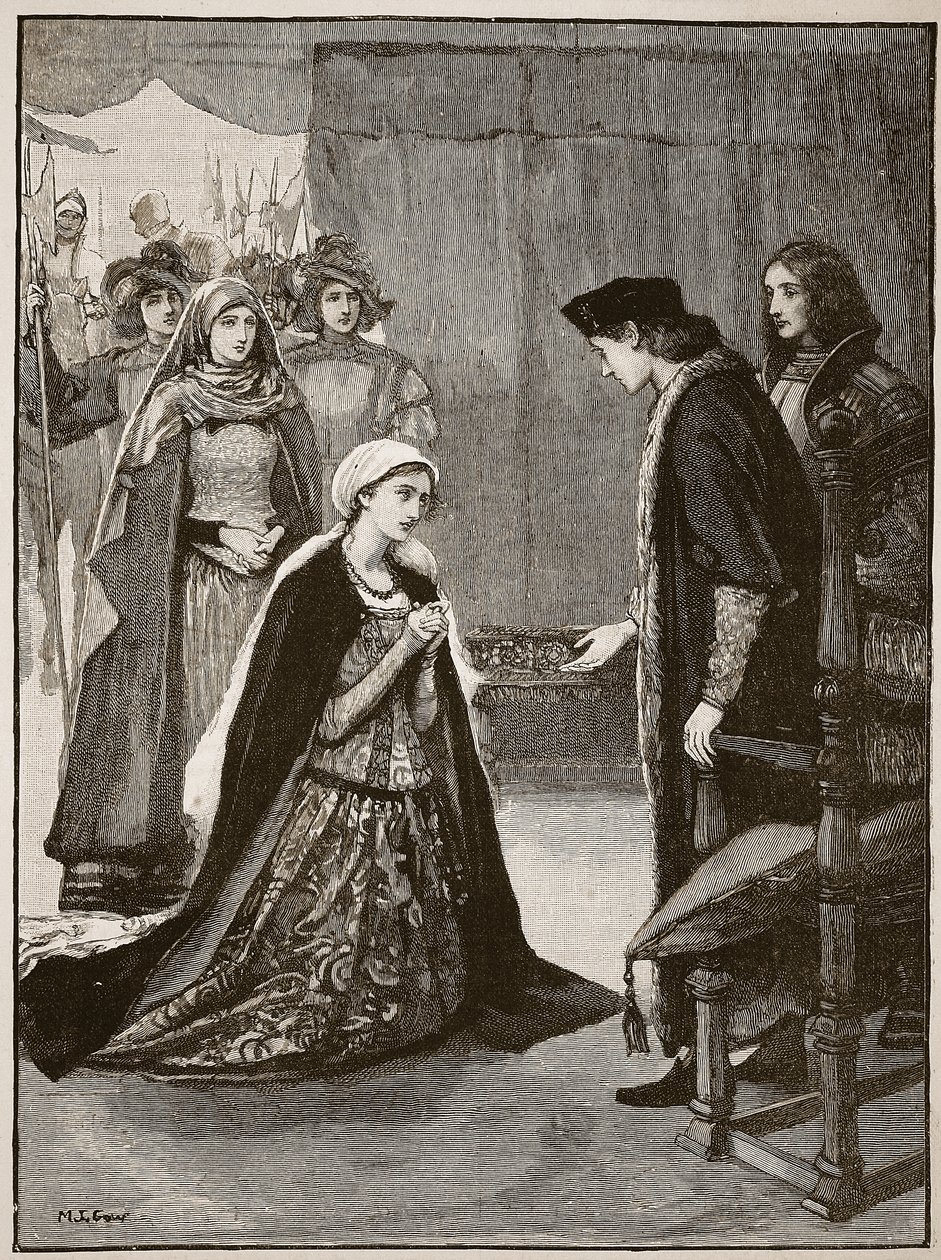Lady Catherine Gordon przed Henrykiem VII, ilustracja z Cassells Illustrated History of England (zdjęcie w sepii) autorstwa English School