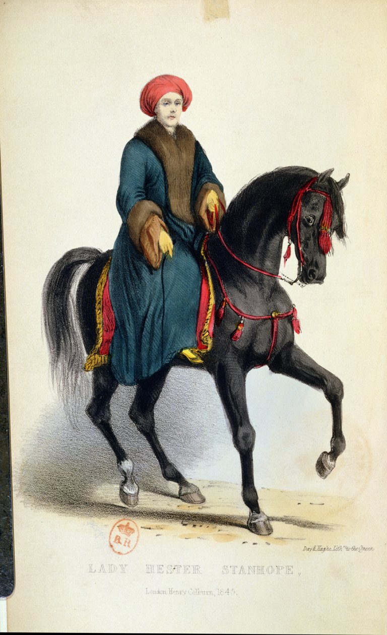 Lady Hester Lucy Stanhope (1776-1839) w arabskim stroju, ilustracja z jej Memoirs, Londyn, 1845 (kolorowe grawerowanie) autorstwa English School