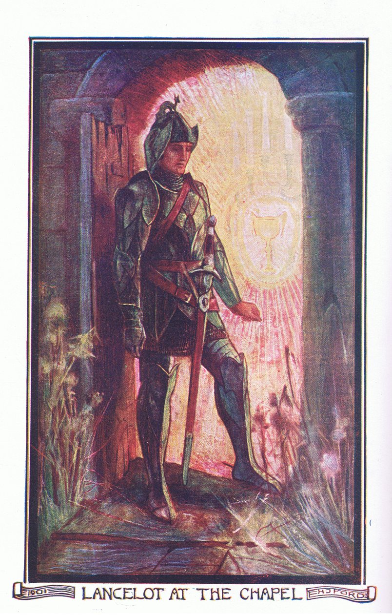 Lancelot w kaplicy, ilustracja z „Księgi romansów” wydanej przez Longmans Green and Co autorstwa English School
