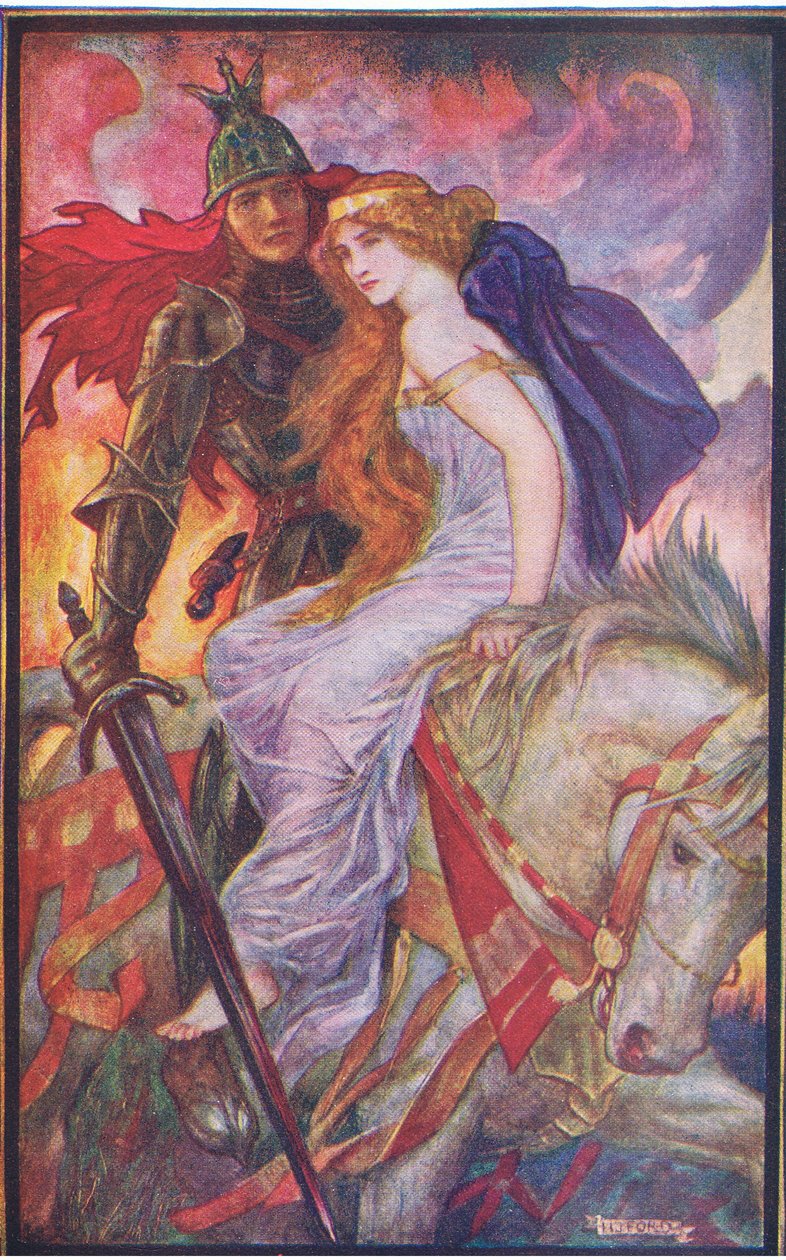 Lancelot znosi Guenevere, ilustracja z „Księgi romansów” opublikowanej przez Longmans Green and Co autorstwa English School
