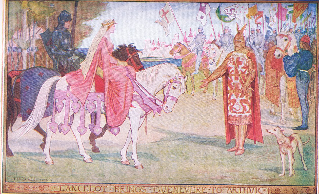 Lancelot przynosi Guenevere Arthurowi, ilustracja z „Księgi romansów” opublikowanej przez Longmans Green and Co autorstwa English School
