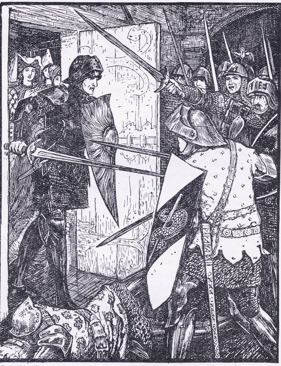 Lancelot wychodzi z pokoju Guenevere, ilustracja z „Księgi romansów” wydanej przez Longmans Green and Co autorstwa English School