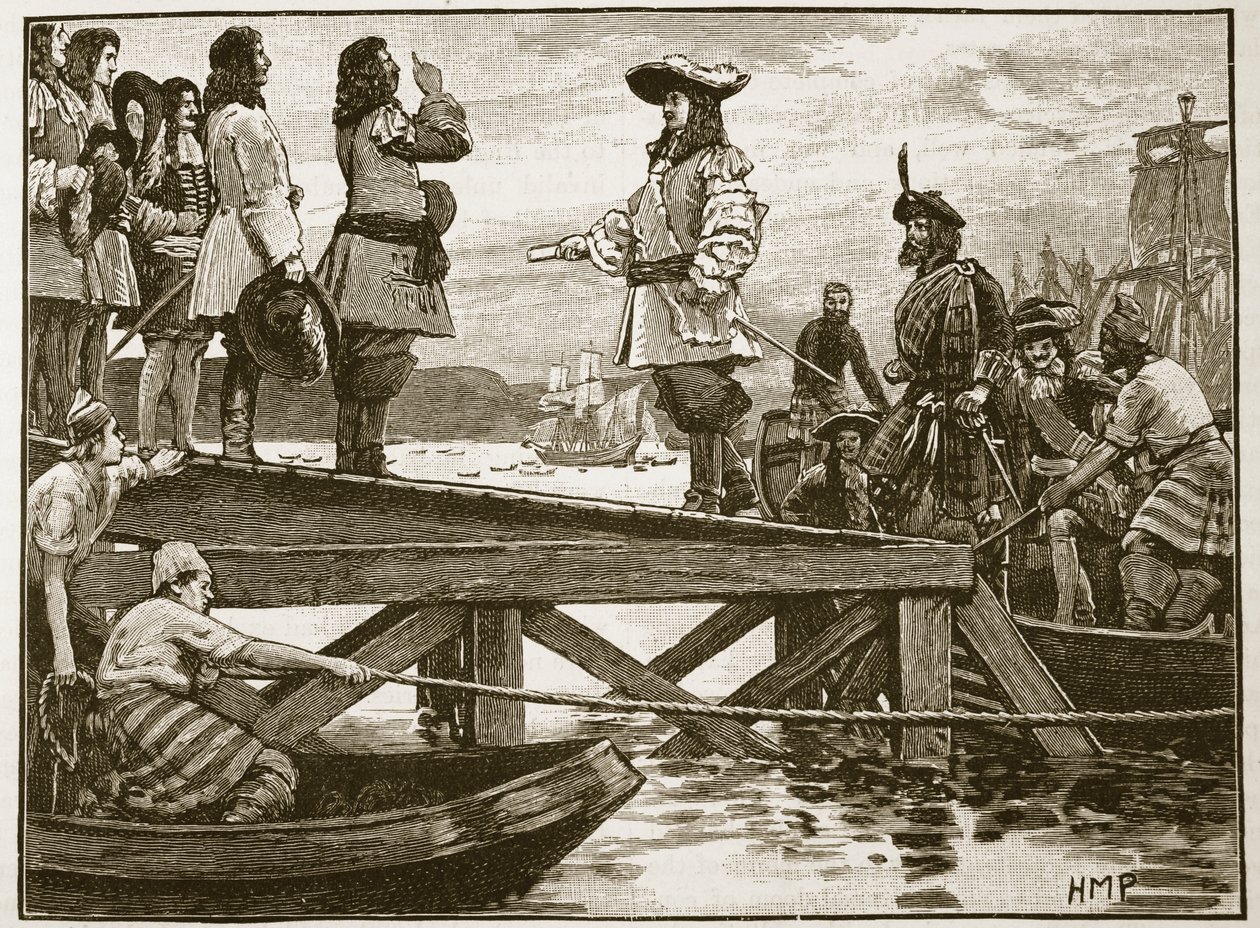 Lądowanie Marshalla Schomberga w Carrickfergus, ilustracja z Cassells Illustrated History of England (zdjęcie w sepii) autorstwa English School