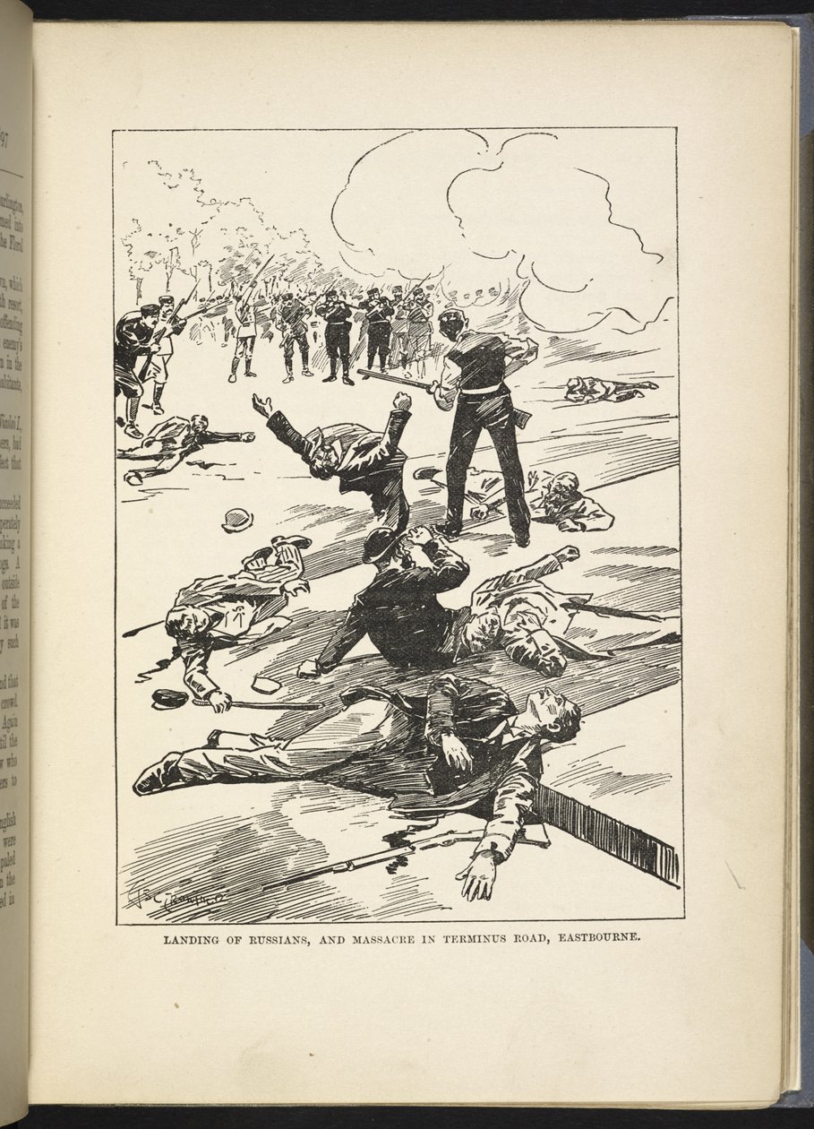 "Lądowanie Rosjan i masakra na Terminus Road, Eastbourne", ilustracja z książki "The Great War in England in 1897" autorstwa Williama Le Queuxa autorstwa English School