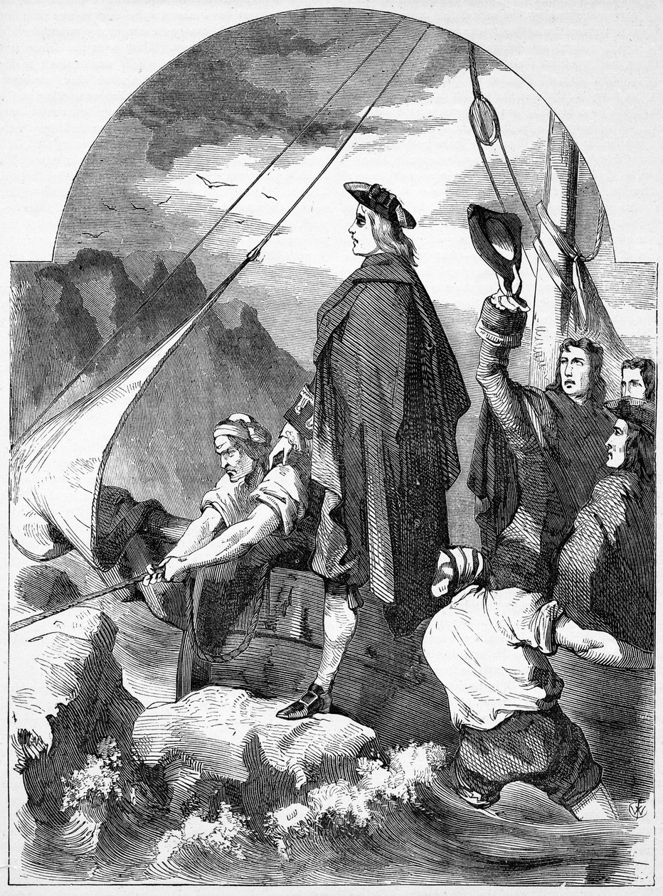 Lądowanie Chevalier de St. George w Szkocji, ilustracja z „Ilustrowanej Historii Anglii Johna Cassella”, wydana ok. 1858 r. autorstwa English School