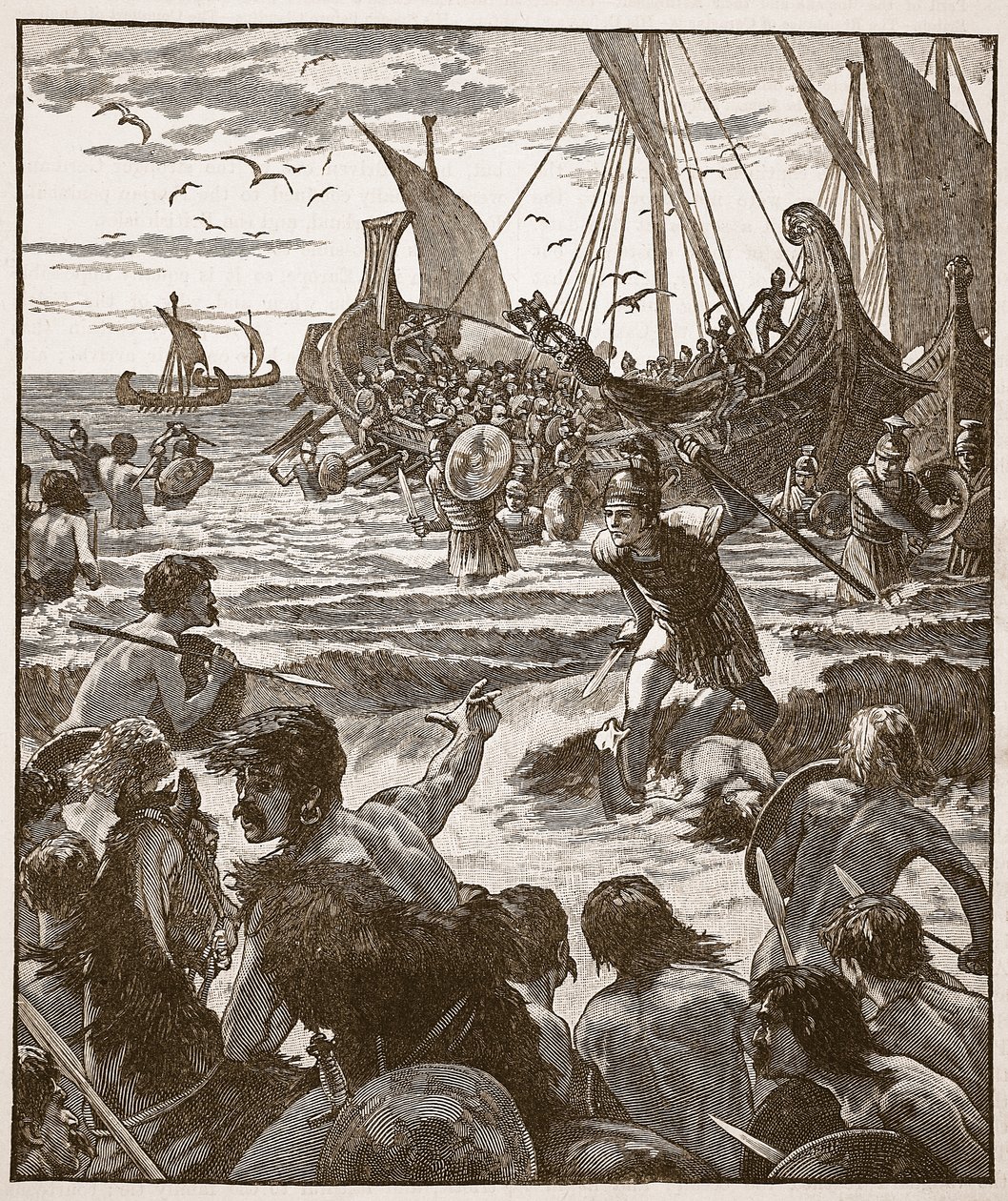 Lądowanie Rzymian na wybrzeżu Kentu, ilustracja z Cassells Illustrated History of England (zdjęcie w sepii) autorstwa English School