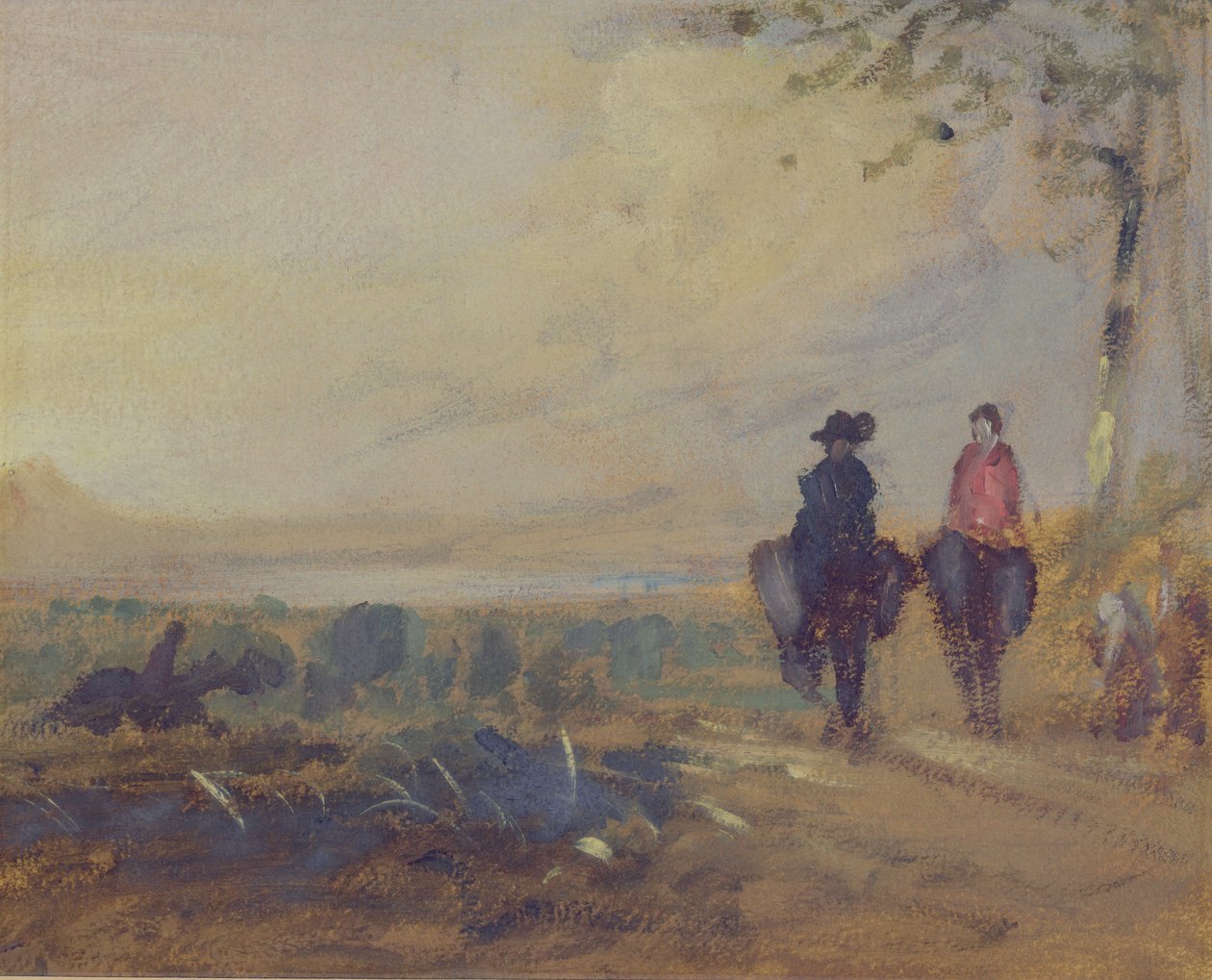 Pejzaż z jeziorem i dwiema postaciami jeżdżącymi, wcześniej przypisywany J.M.W. Turner (1775-1851), a także przypisywany Peterowi de Wint (1784-1849), 1815-25 (olej na papierze) autorstwa English School