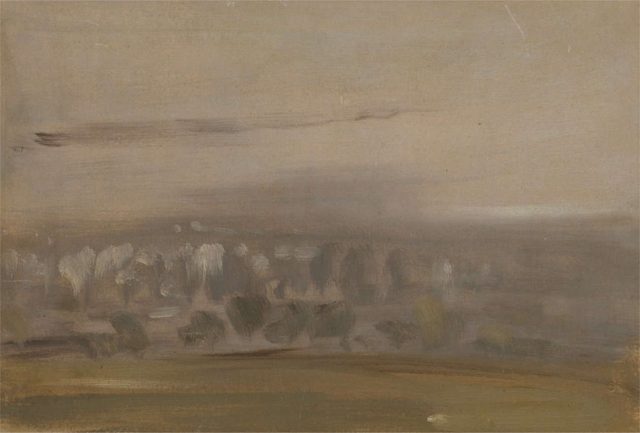 Krajobraz z drzewami na zboczu (Zalesiona dolina widziana przez mgłę) wcześniej przypisywany J.M.W. Turner (1775-1851), a także przypisywany Peterowi de Wint (1784-1849) (olej na papierze) autorstwa English School