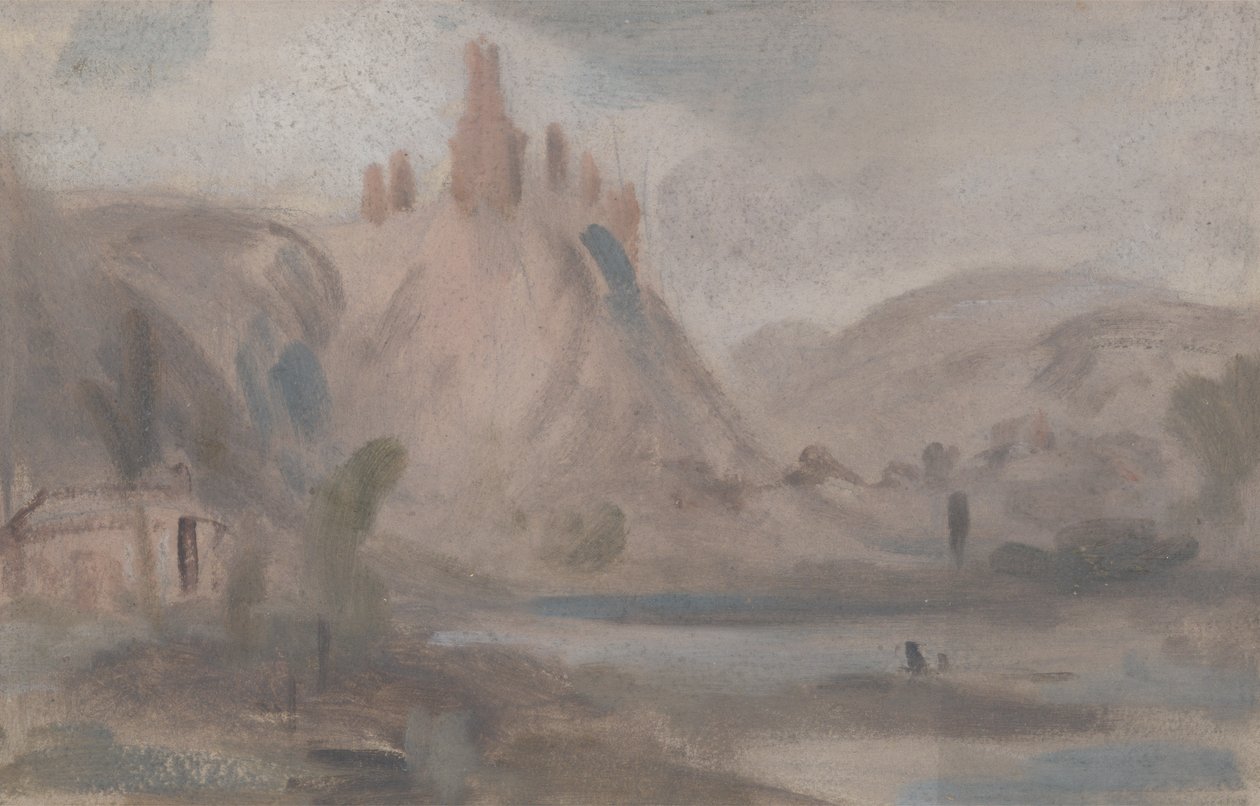 Krajobraz z zamkiem na wzgórzu, wcześniej przypisywany J.M.W. Turner (1775-1851), a także przypisywany Peterowi de Wint (1784-1849) (olej na papierze) autorstwa English School