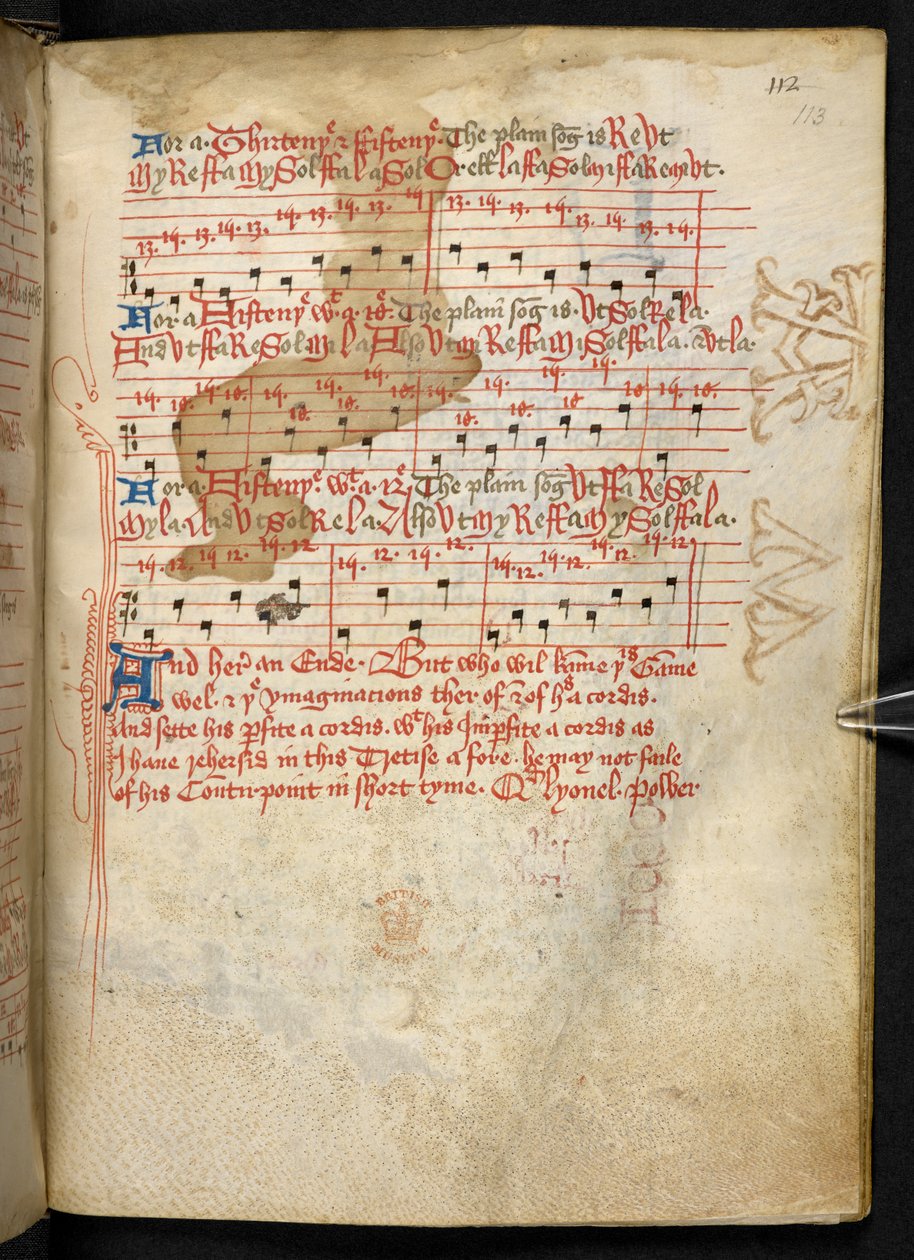Lansdowne 763, f.113r, tom słusznie napisany na welinie w XV wieku, zawierający starożytne i bardzo interesujące traktaty o muzyce różnych autorów. autorstwa English School