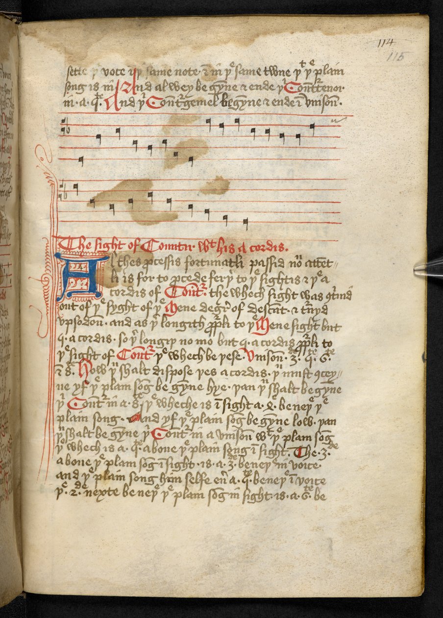 Lansdowne 763, f.115r, tom słusznie napisany na welinie w XV wieku, zawierający starożytne i bardzo interesujące traktaty o muzyce różnych autorów. autorstwa English School