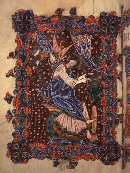 Lat 14782 f.16v Św. Mateusz piszący swoją Ewangelię, ok. 1080 (welum) autorstwa English School