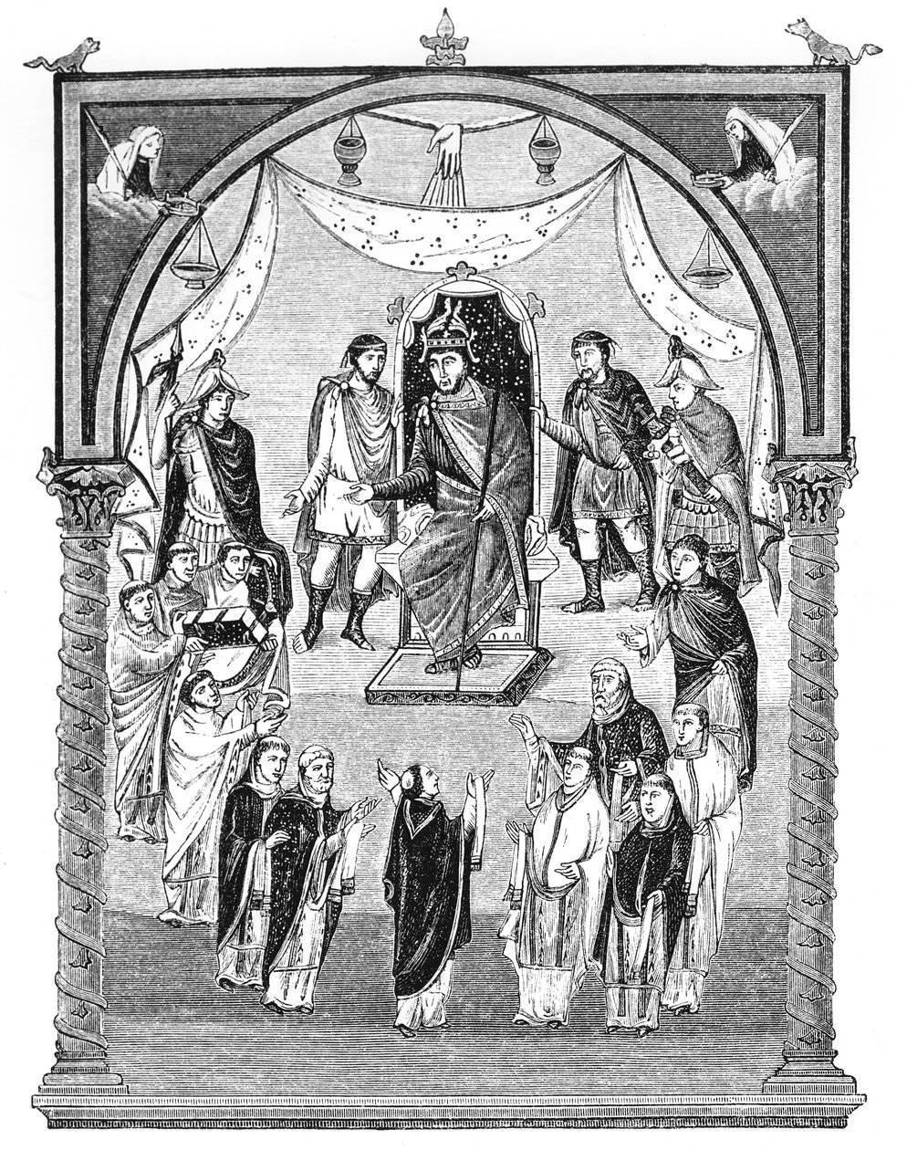 Lat 1 f. 423r Karol Łysy, król Francji (823-77) intronizowany, na zlecenie opata Viviana z klasztoru św. Marcina w Tours, z Pierwszej Biblii Karola Łysego, 843-51, ilustracja autorstwa English School