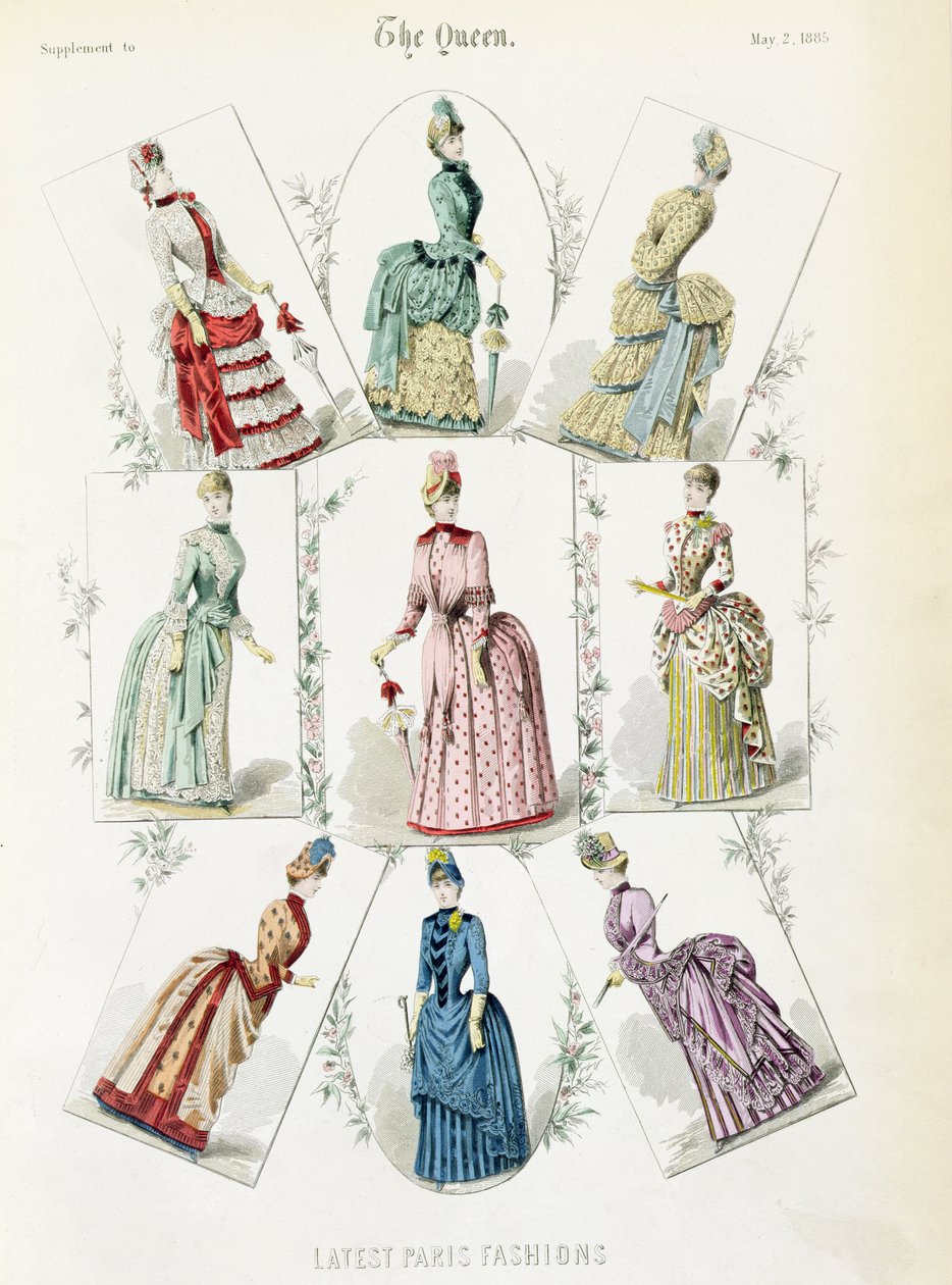 Najnowsze Paris Fashions, dziewięciodniowe sukienki w modnym talerzu z dodatku do The Queen, maj 1885 autorstwa English School