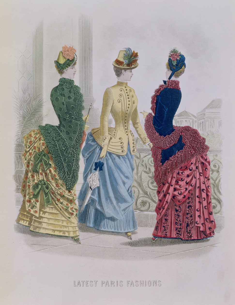 Najnowsze Paris Fashions, trzydniowe sukienki w modnym talerzu z The Queen, maj 1885 autorstwa English School