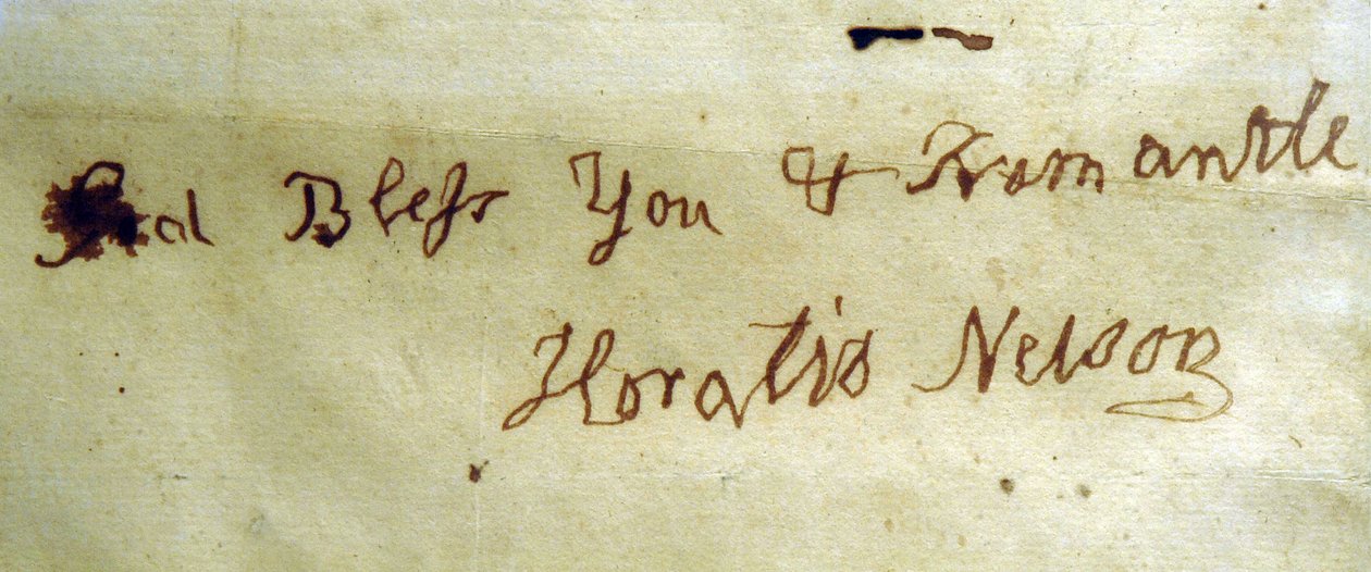 Leworęczne pismo admirała Lorda Nelsona (pióro i atrament na papierze) autorstwa English School