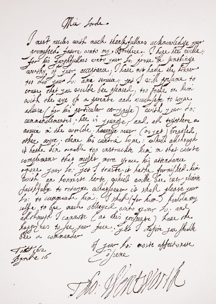 List Thomasa Wentwortha, 16 kwietnia 1612 r autorstwa English School
