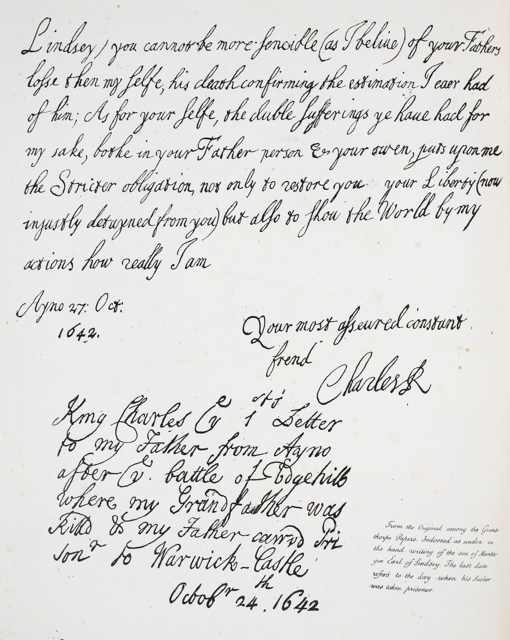 List Karola II do Montague, hrabiego Lindsey, 27 października 1642 r. autorstwa English School