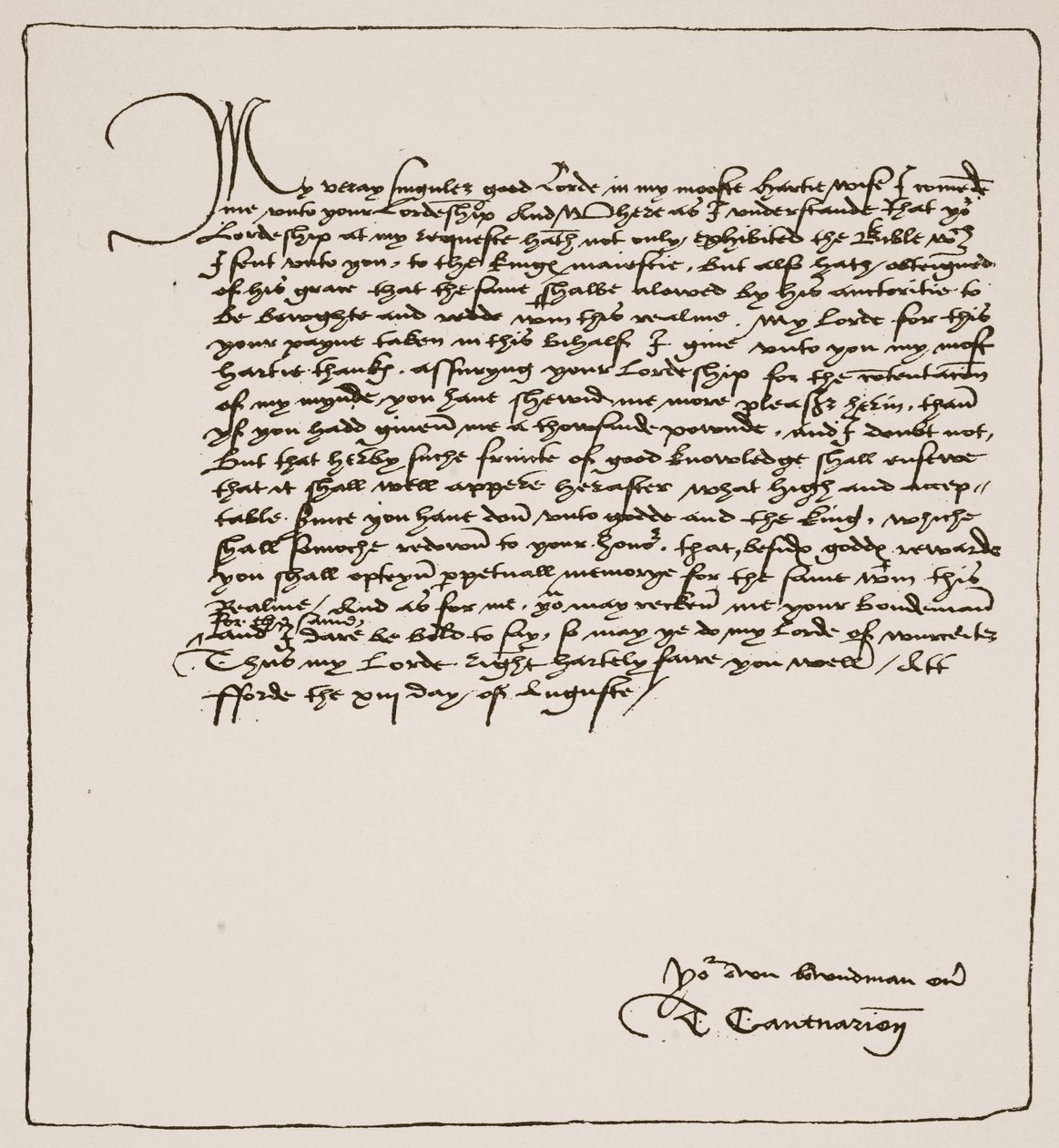 List od Cranmera do Cromwella z podziękowaniem za uzyskanie autorytetu Kings dla Matthews English Bible, 1537, z The Church of England: A History for the People autorstwa H.D.M. Spence-Jones, wyd. ok. 191 autorstwa English School