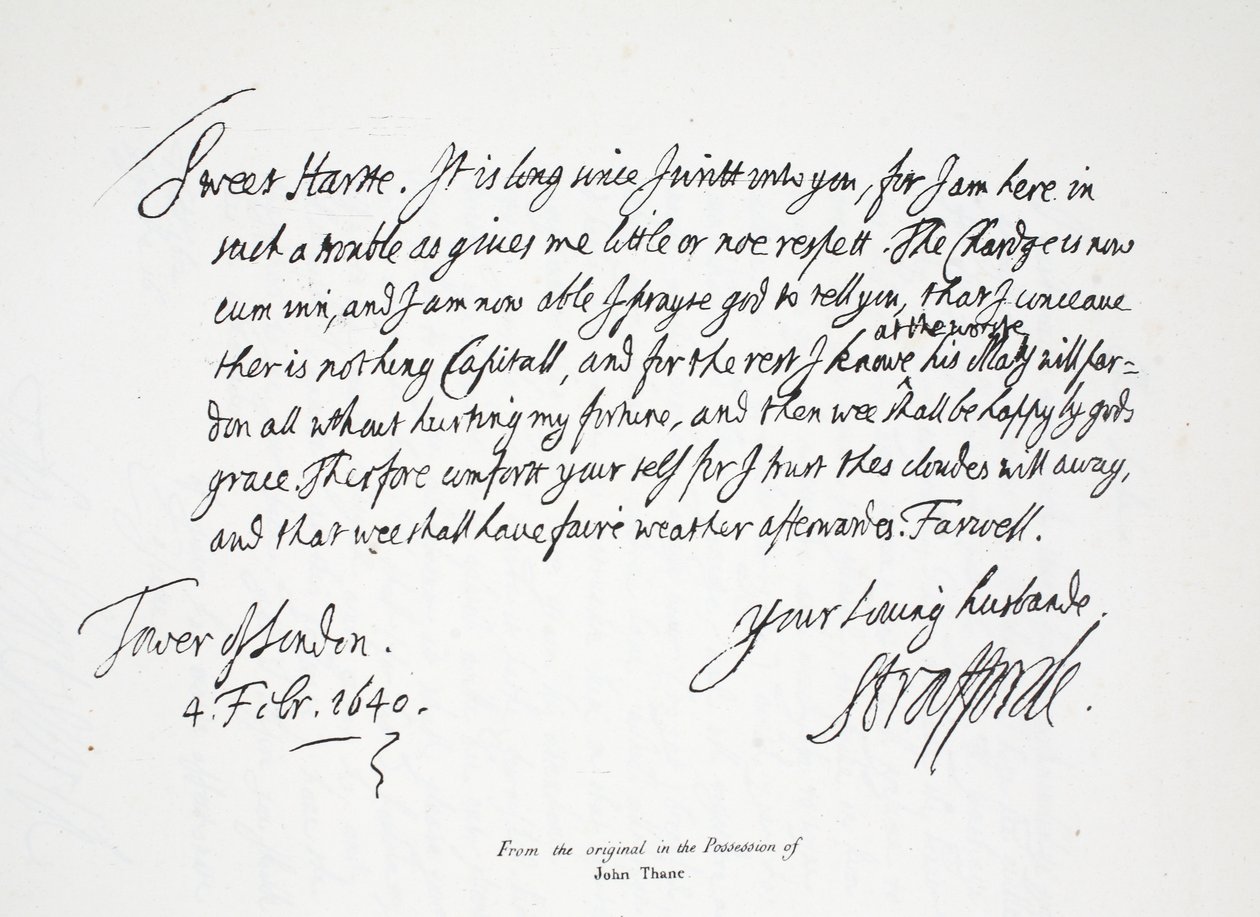 List Lorda Strafforda do żony, z Tower of London, 4 lutego 1640 r autorstwa English School
