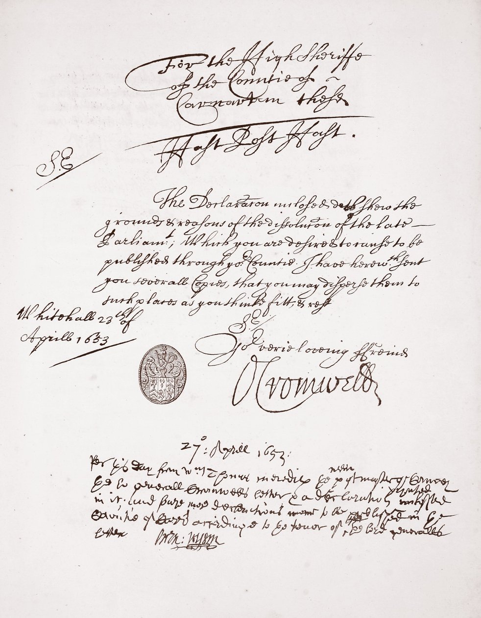 List od Olivera Cromwella, kwiecień 1653 autorstwa English School