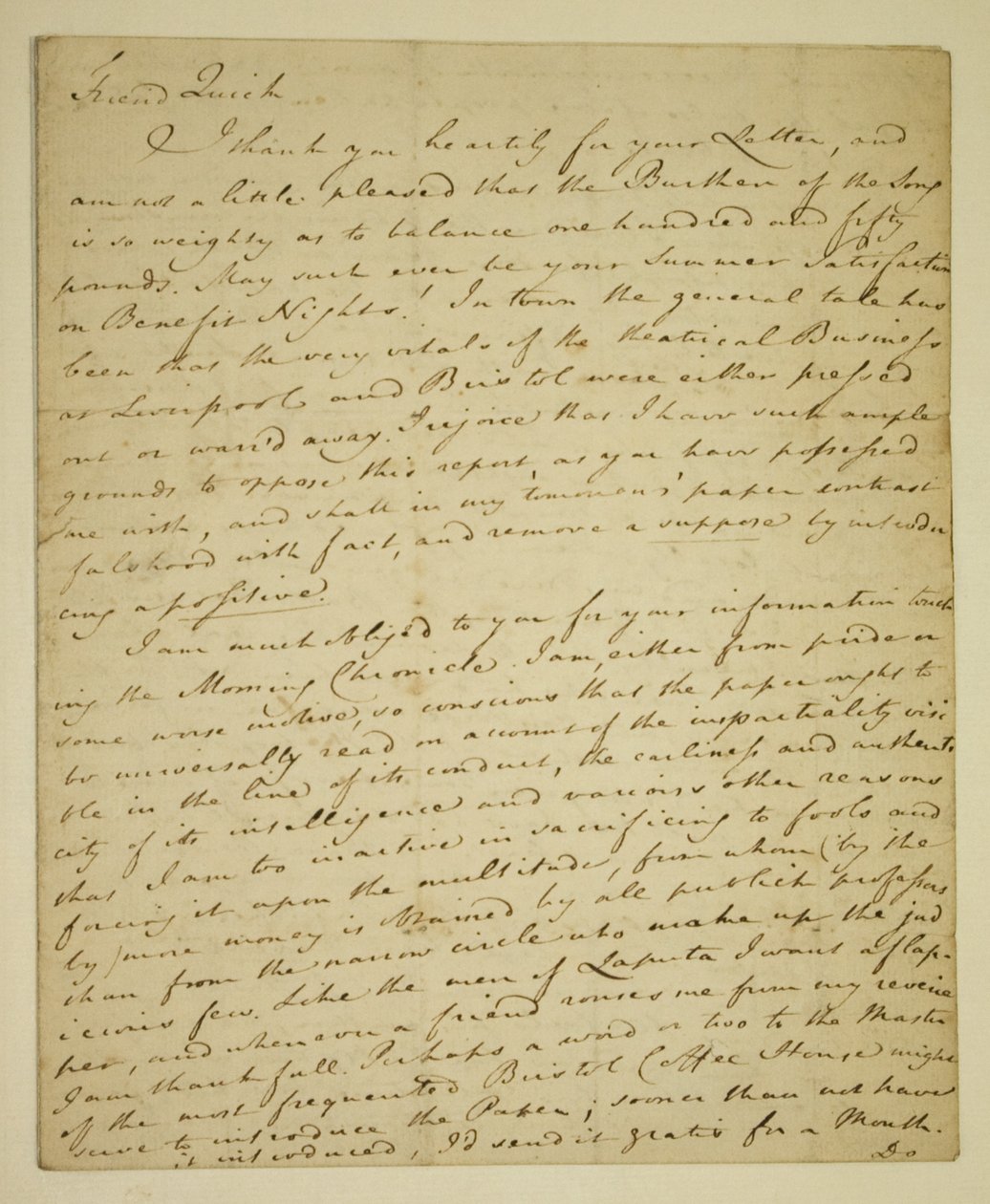 List od William Woodfall (1746-1803) do aktora Johna Quicka (1748–1831) dotyczący korzystnych recenzji Johna Hendersona w Haymarket autorstwa English School