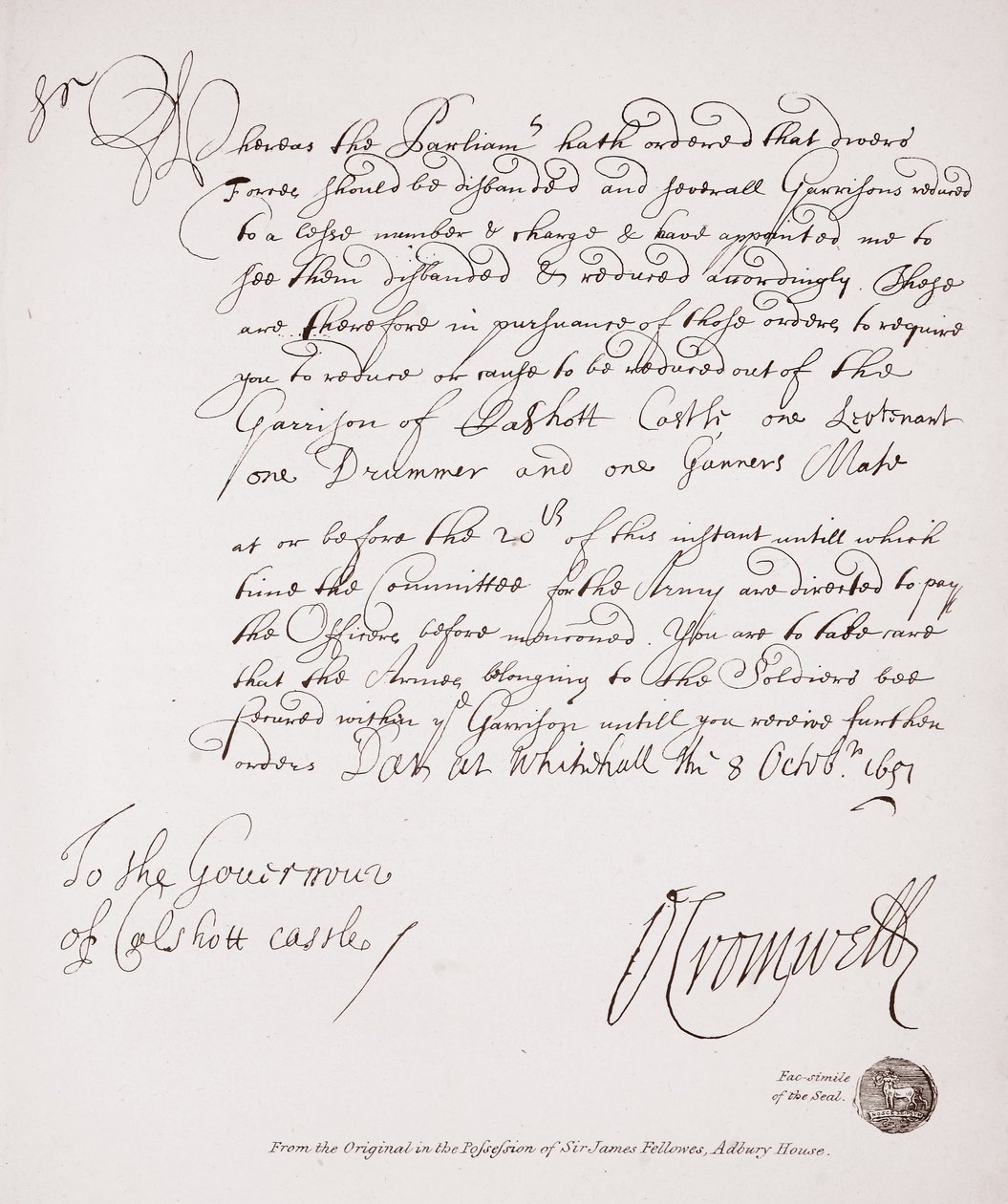 List do gubernatora zamku Calshott od Olivera Cromwella, 1651, faksymile oryginału będącego w posiadaniu Sir Jamesa Fellowesa, Adbury House autorstwa English School