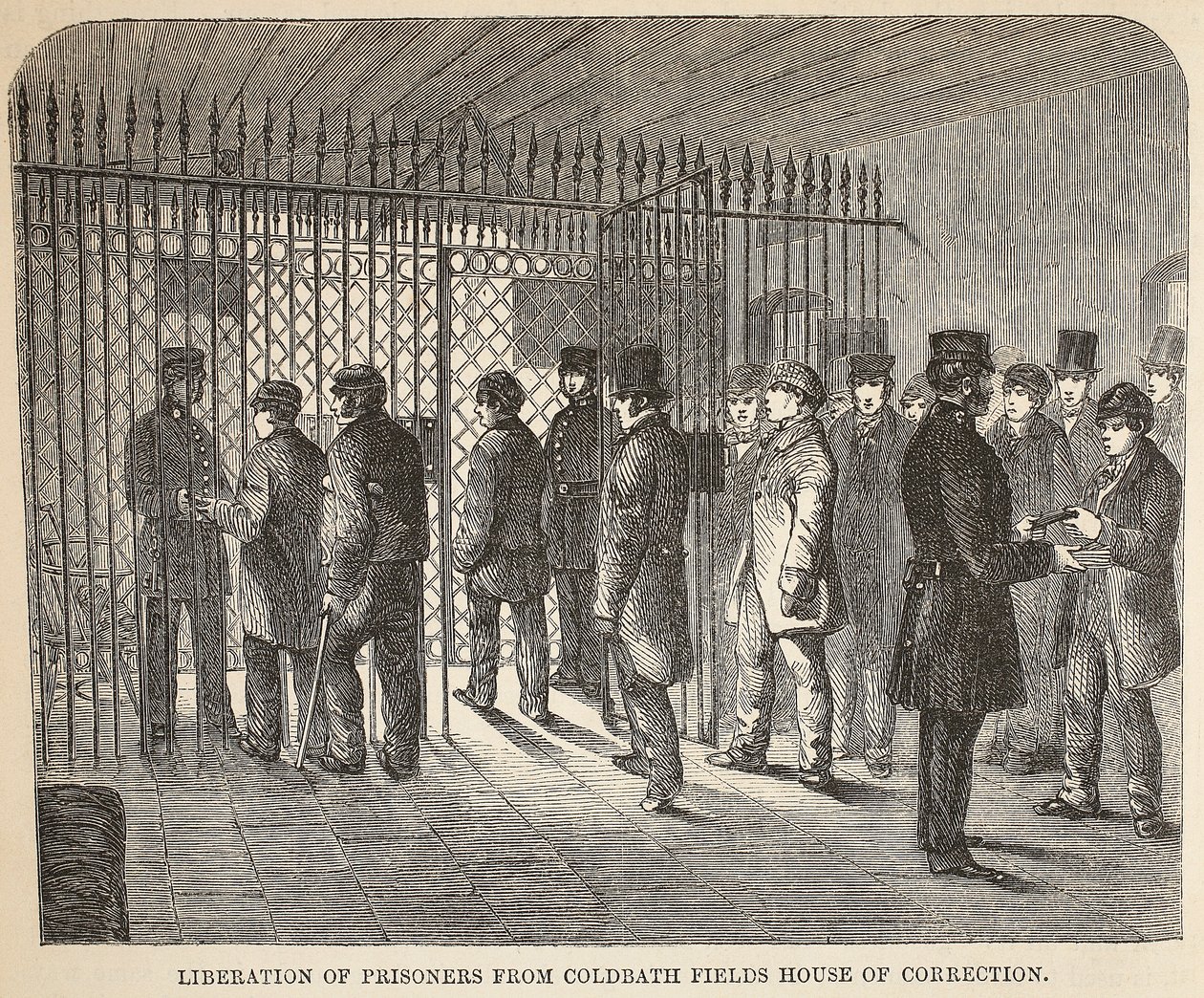 Wyzwolenie więźniów z Domu Karnego Coldbath Fields, ilustracja z The Criminal Prisons of London i Scenes from Prison Life autorstwa Henry