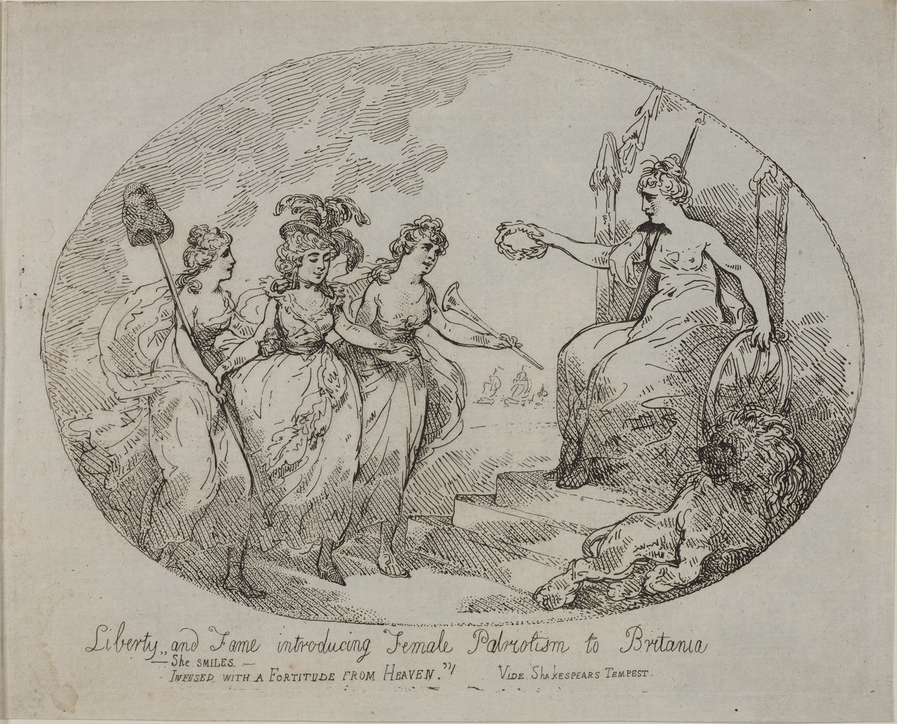 Wolność i sława wprowadzające kobiecy patriotyzm; Britannia i księżna Devonshire (rycina) autorstwa English School