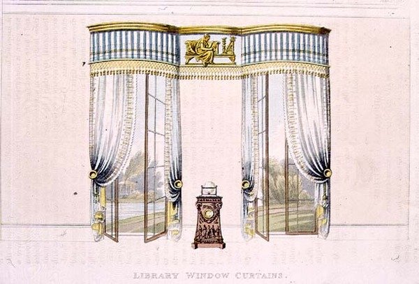 Zasłony okienne Biblioteki, tablica 106 z Repozytorium Sztuki Ackermanna, wydana 1819 (kolor lito) autorstwa English School