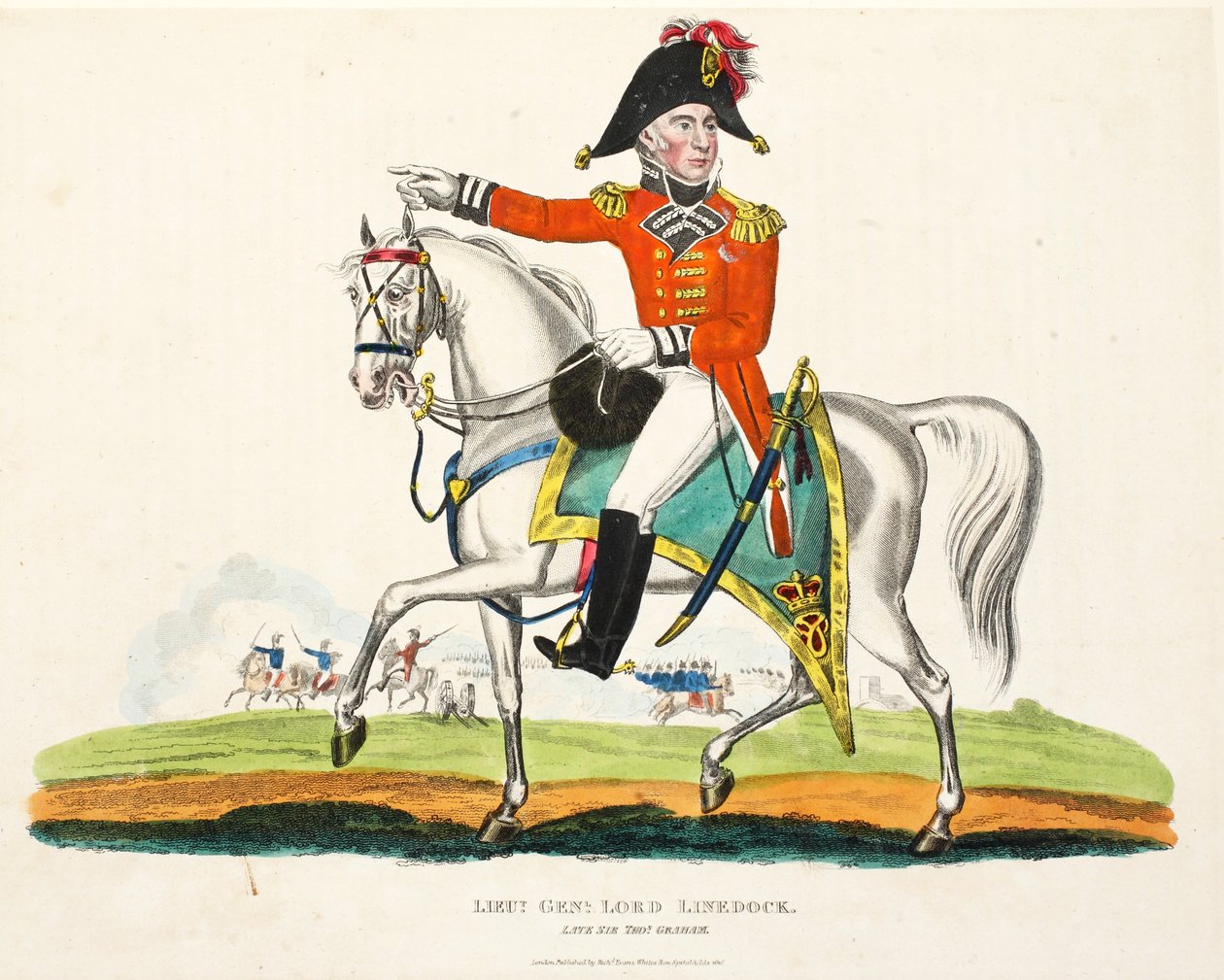 Generał porucznik Lord Linedock, wyd. Richard Evans, inż Romney, ilustracja z Historycznego sprawozdania z bitwy pod Waterloo autorstwa Williama Mudforda, 1816 autorstwa English School