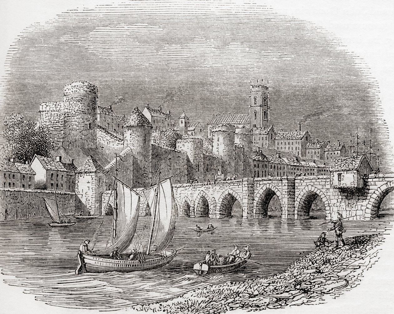 Limerick, hrabstwo Limerick, Irlandia, pokazujący Zamek Króla Jana nad rzeką Shannon i most Thomand, ze Starej Anglii: A Pictorial Museum, pub. 1847 autorstwa English School