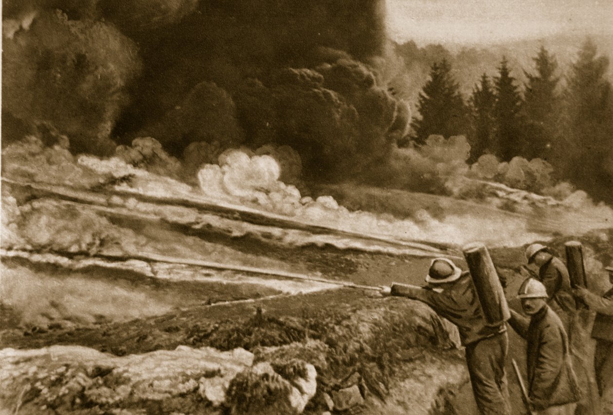 Ogień płynny, po raz pierwszy zastosowany przez Niemców, z powodzeniem przyjęty przez aliantów, 1914-19 autorstwa English School