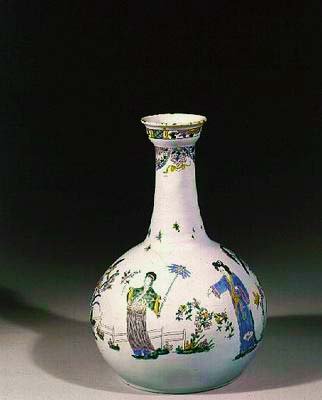 Butelka na wodę z Liverpoolu z emaliowaną dekoracją w stylu chinoiserie, ok. 1750 (ceramika) autorstwa English School