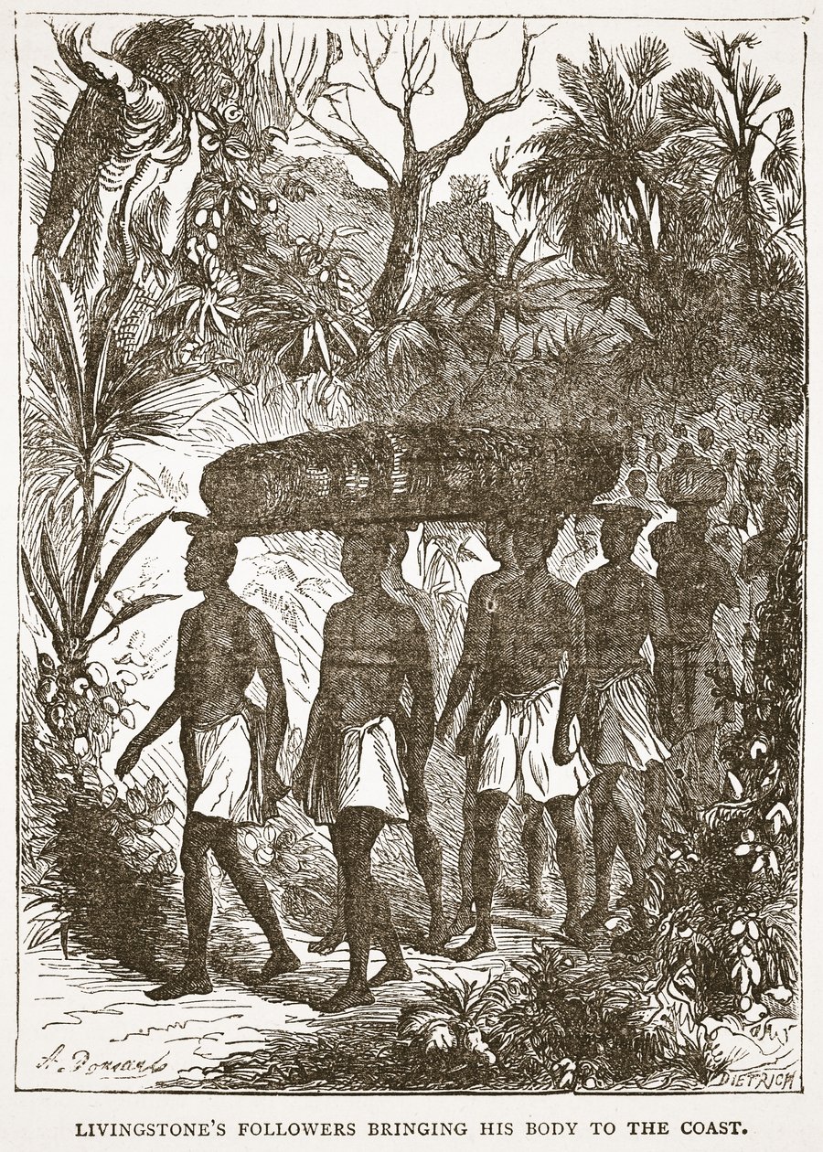 Zwolennicy Livingstonesa niosący jego ciało na wybrzeże, ilustracja z The Pictorial Edition of the Life and Discoveries of David Livingstone autorstwa J. Ewinga Richiego, wyd. przez A. Fullartona & Co., 1876 (li autorstwa English School