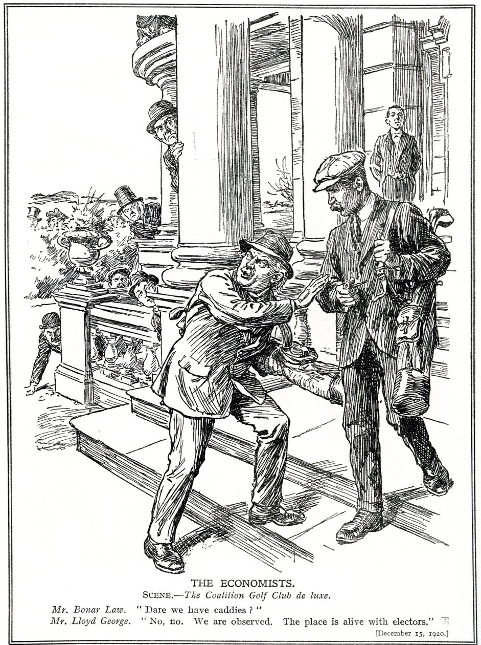 Lloyd George i Bonar Law z Coalition Golf Club, obawiający się ligi Anti-Waste, muszą zrezygnować z luksusu caddie. grudzień 1920 autorstwa English School