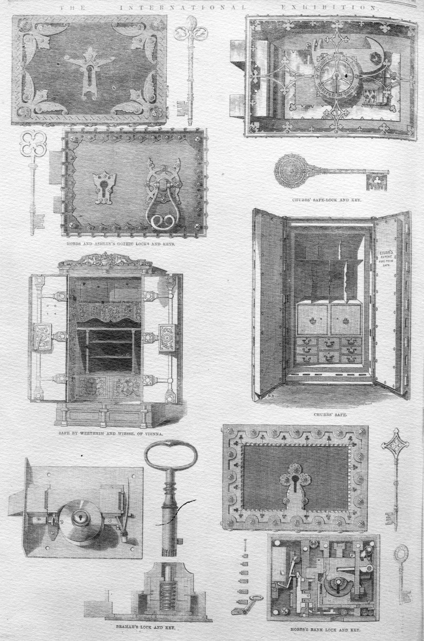 Zamki i sejfy wystawione na Wielkiej Wystawie w 1862 r., ilustracja z The Illustrated London News, 15 listopada 1862 r. autorstwa English School