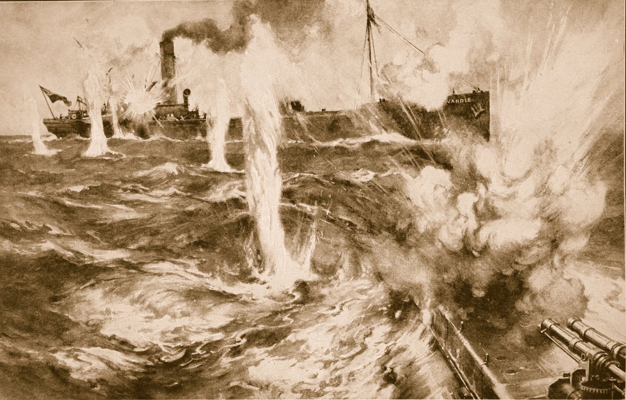 London Collier Wandle z powodzeniem atakuje niemiecką łódź podwodną na Morzu Północnym 29 kwietnia 1916, 1914-19 autorstwa English School
