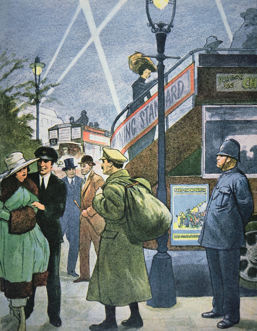 Londyńska scena uliczna, I wojna światowa, żołnierz na przepustce, ok. 1914-18 (kolor lito) autorstwa English School