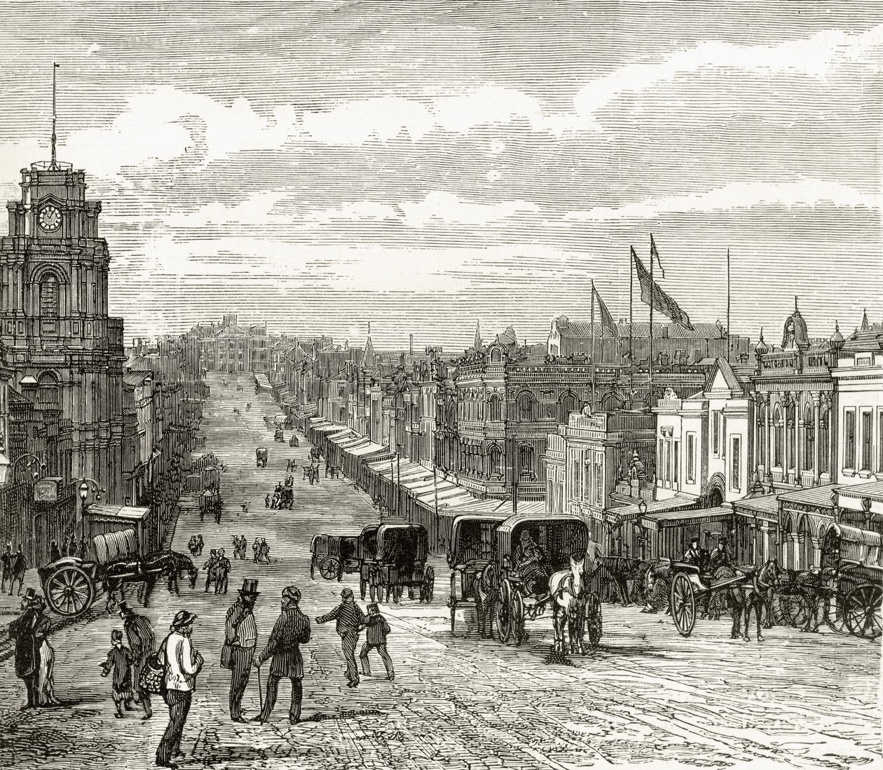 Patrząc na wschód w dół Bourke Street, Melbourne, ok. 1880, z „Australian Pictures” Howarda Willoughby’ego, opublikowane przez religijne Towarzystwo Traktowe, Londyn, 1886 autorstwa English School