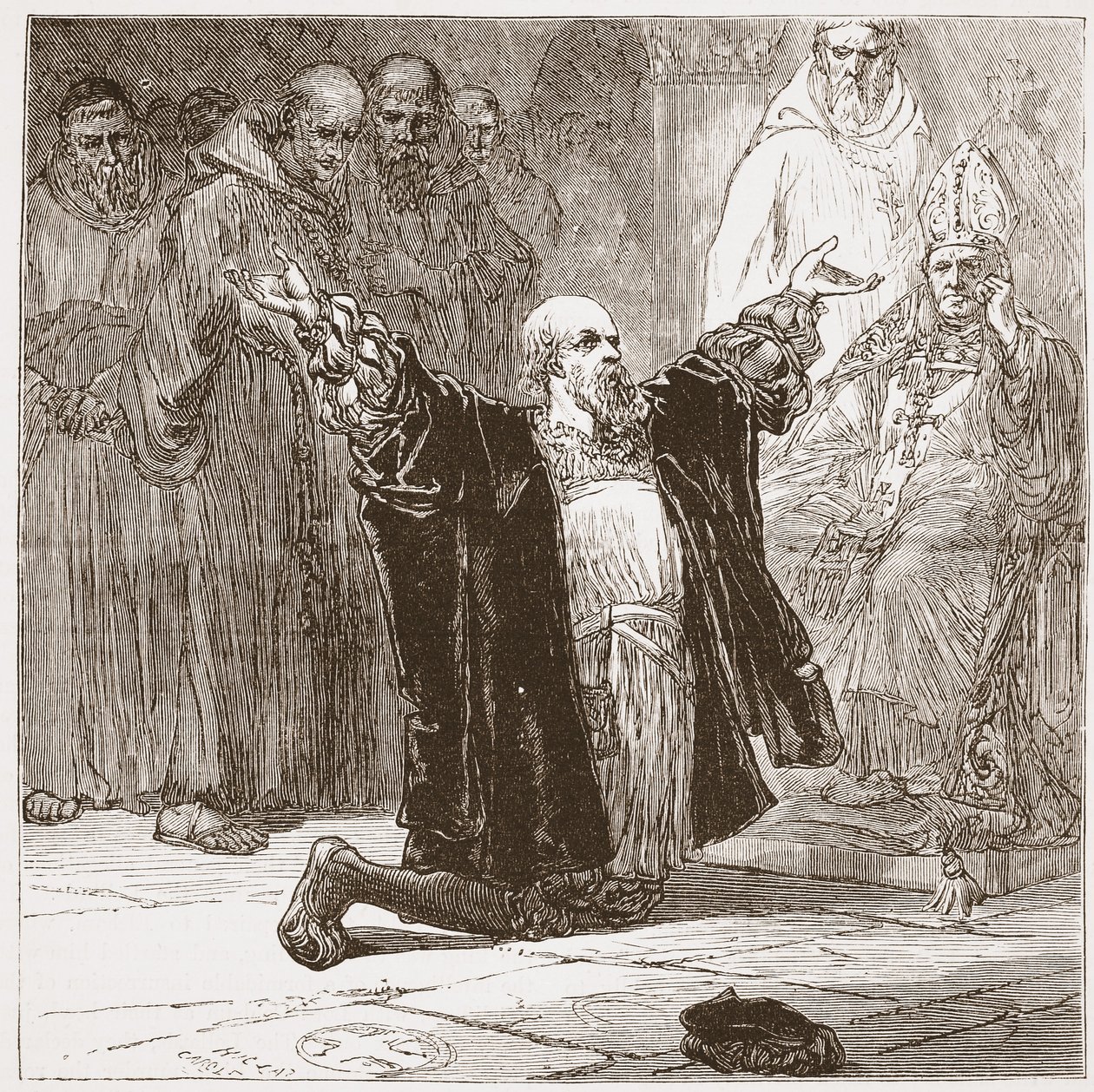 Lord Cobham przed biskupami, ilustracja z Historii protestantyzmu Jamesa Aitkena Wylie (1808-1890), wyd. 1878 autorstwa English School
