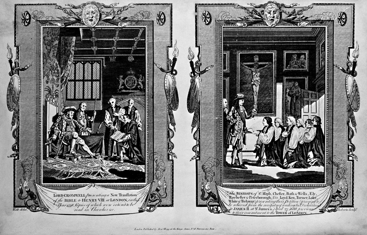 Lord Cromwell przedstawia Biblię Henrykowi VIII i biskupom przedstawiając petycję do Jakuba II w 1688 r., z „Nowej i kompletnej księgi męczenników” Paula Wrighta autorstwa English School