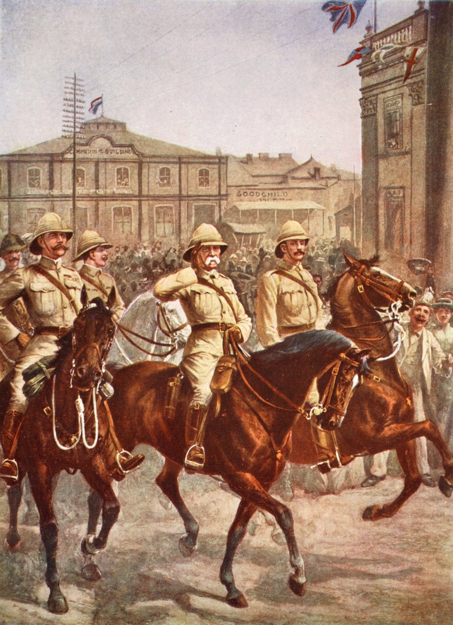 Lord Roberts wkracza do miasta Kimberley po pomyślnym złagodzeniu czteromiesięcznego oblężenia Burów, ilustracja z Hutchinsons Story of the British Nation, c.1920, ilustracja z Hutchinsons S autorstwa English School