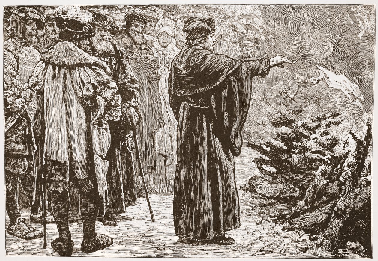 Luter palący byk papieski, ilustracja z Historii protestantyzmu Jamesa Aitkena Wylie (1808-1890), wyd. 1878 autorstwa English School