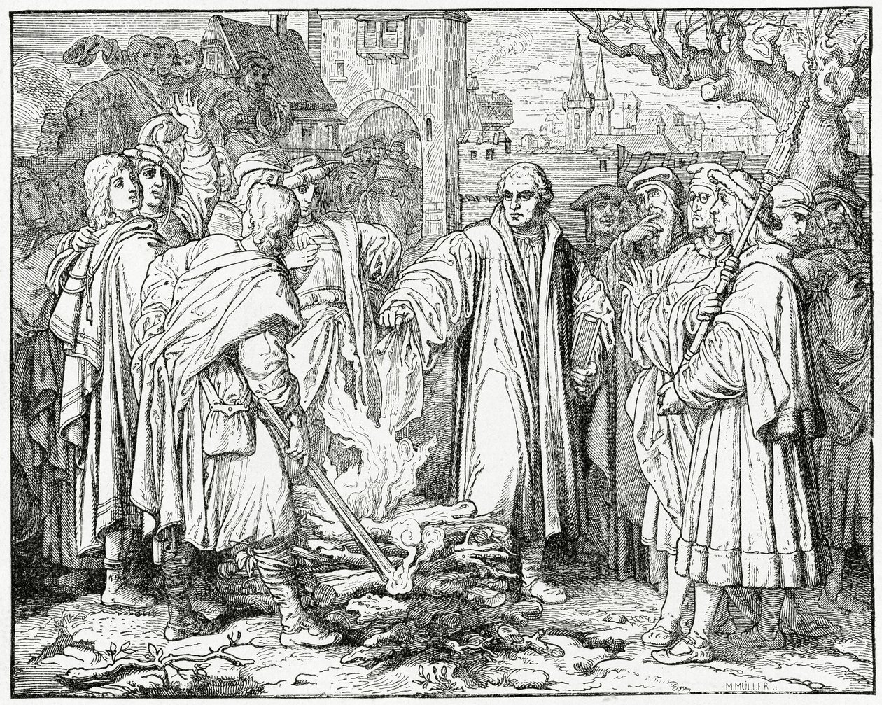 Luter pali bullę papieską w 1520, 1882 r. autorstwa English School