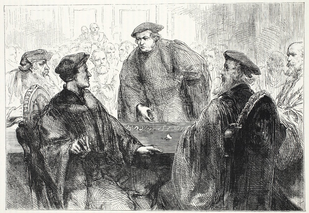 Luter i Zwingle dyskutują w Marburgu, ilustracja z Historii protestantyzmu Jamesa Aitkena Wylie (1808-1890), wyd. 1878 autorstwa English School