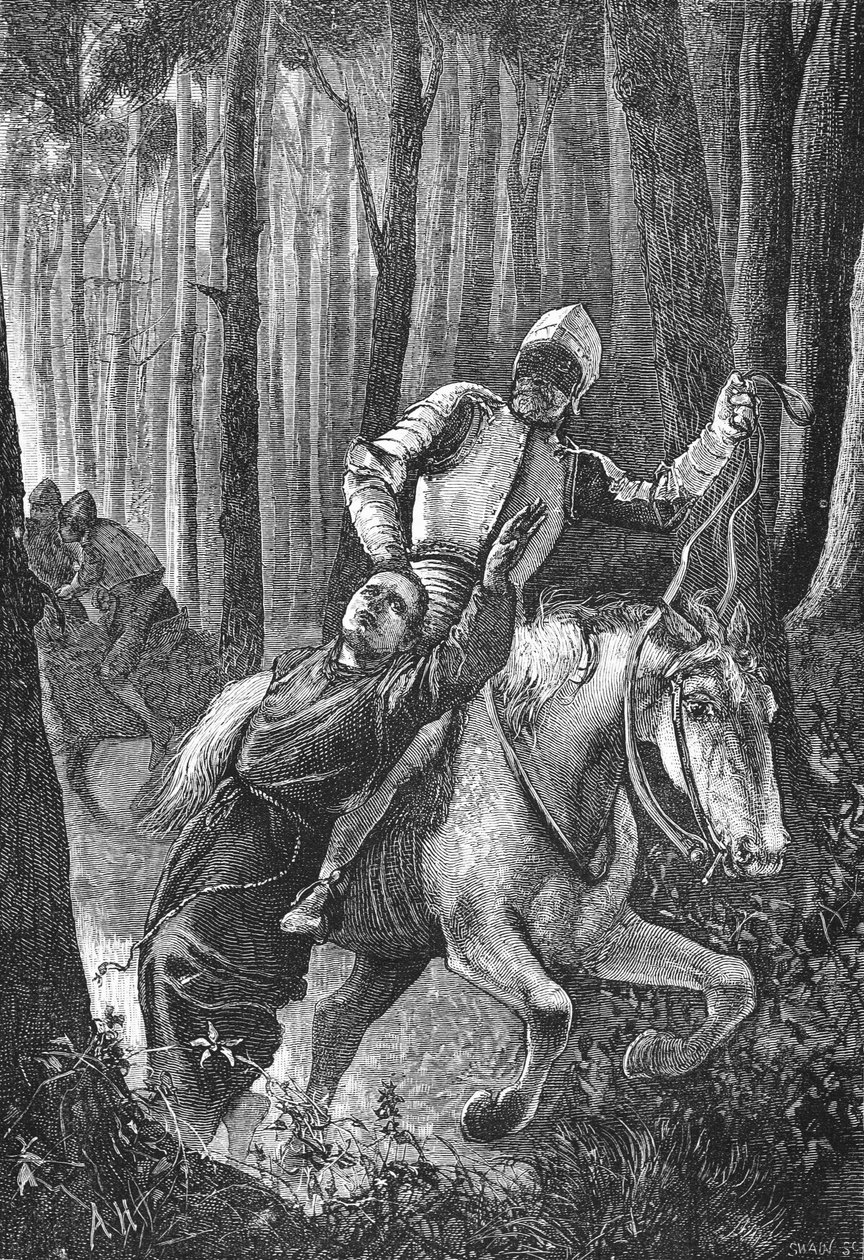 Luter zaatakowany przez zamaskowanych jeźdźców w Lesie Turyńskim, ilustracja z Historii protestantyzmu Jamesa Aitkena Wylie (1808-1890), wyd. 1878 autorstwa English School