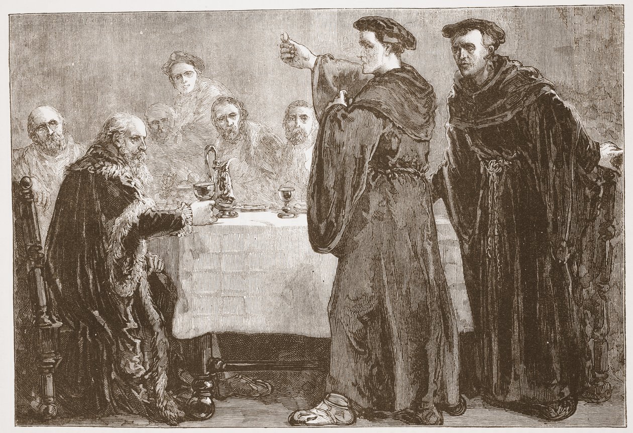 Luter wzywający Carlstadta do pisania przeciwko niemu, ilustracja z Historii protestantyzmu Jamesa Aitkena Wylie (1808-1890), wyd. 1878 autorstwa English School
