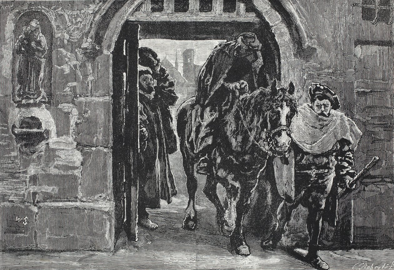 Luter uciekający z Augsburga, ilustracja z Historii protestantyzmu Jamesa Aitkena Wylie (1808-1890), wyd. 1878 autorstwa English School