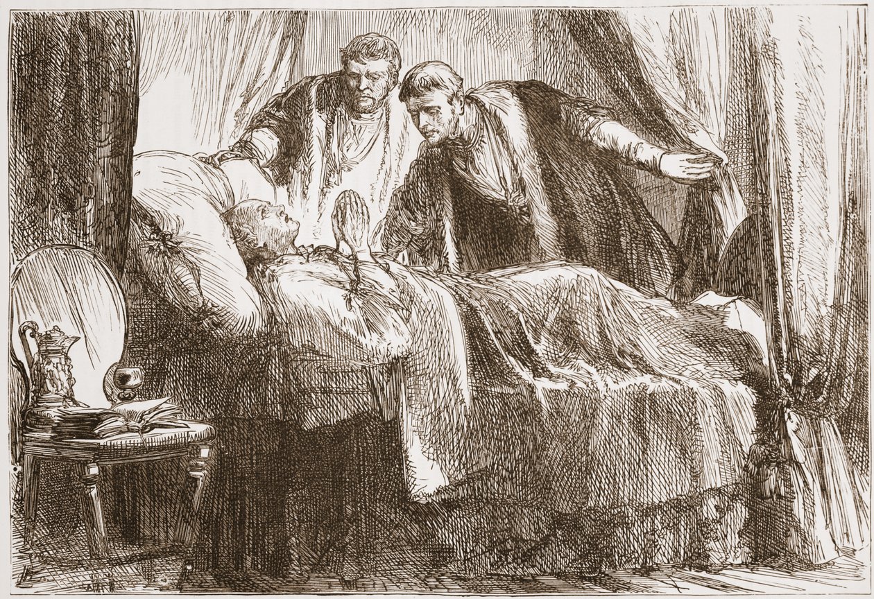 Luter na łożu śmierci, ilustracja z Historii protestantyzmu Jamesa Aitkena Wylie (1808-1890), wyd. 1878 autorstwa English School